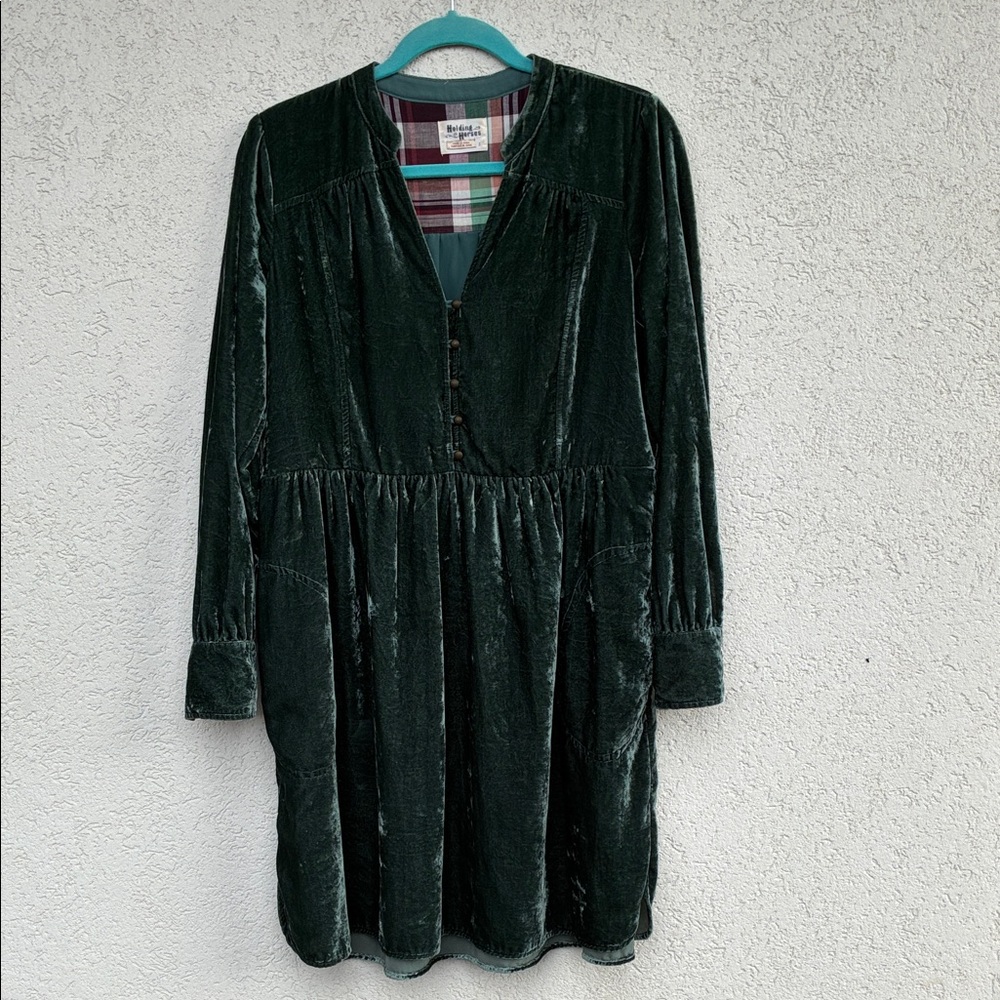 Anthropologie Holding Horses  Dark Green Velvet Dress w Plaid Accent & pockets